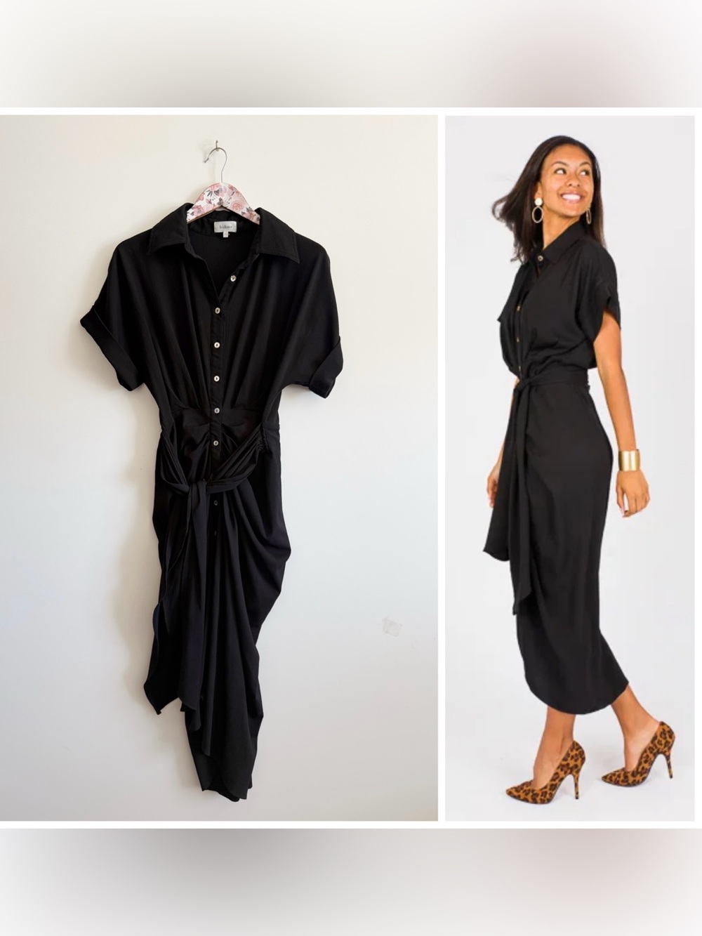 BÖHME Brynlee Ruched Tie Midi Shirt Dress Black XS Oversized Buttons